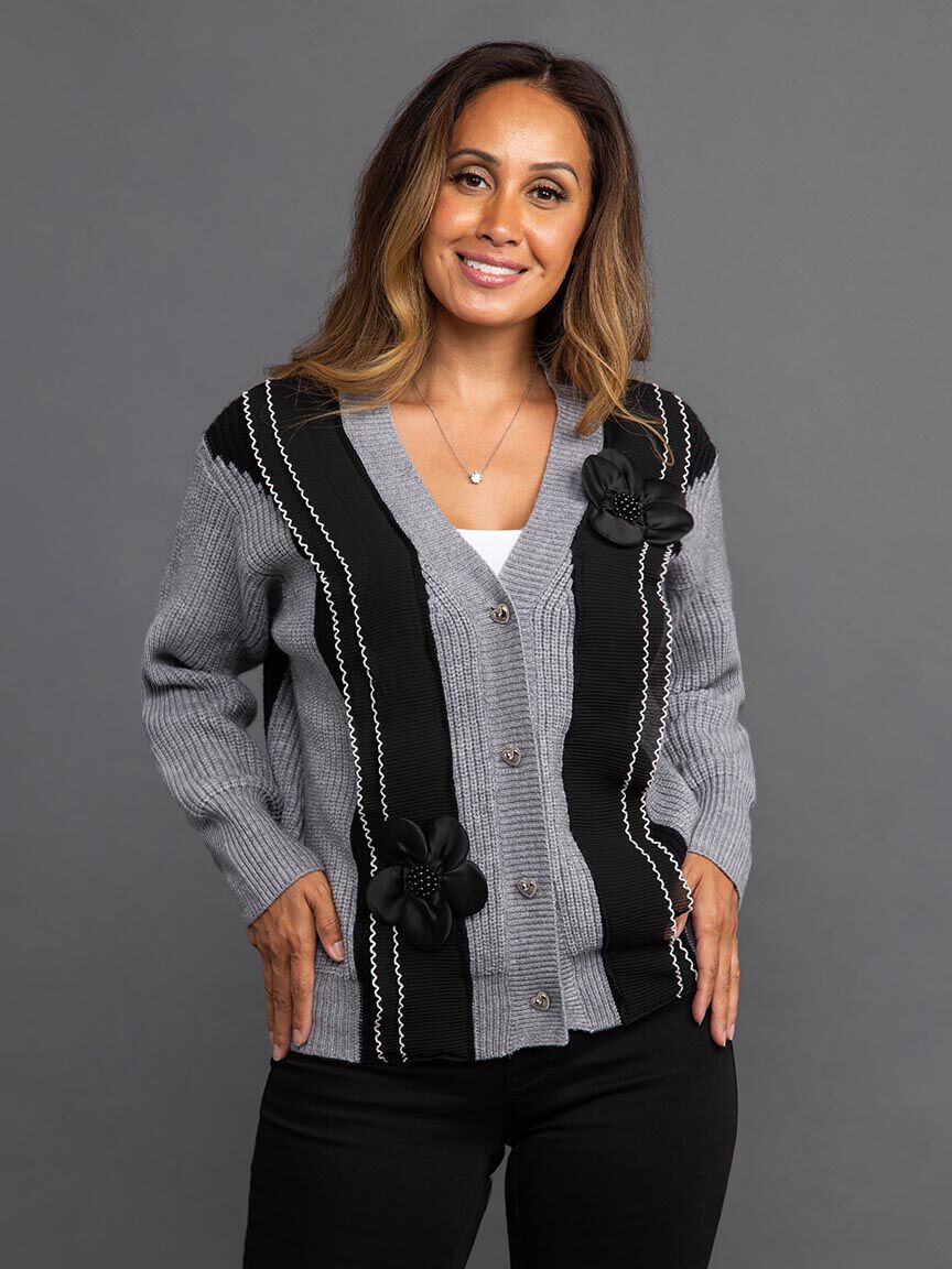 Long Sleeve Button Up Cardigan with Floral Applique Image 2