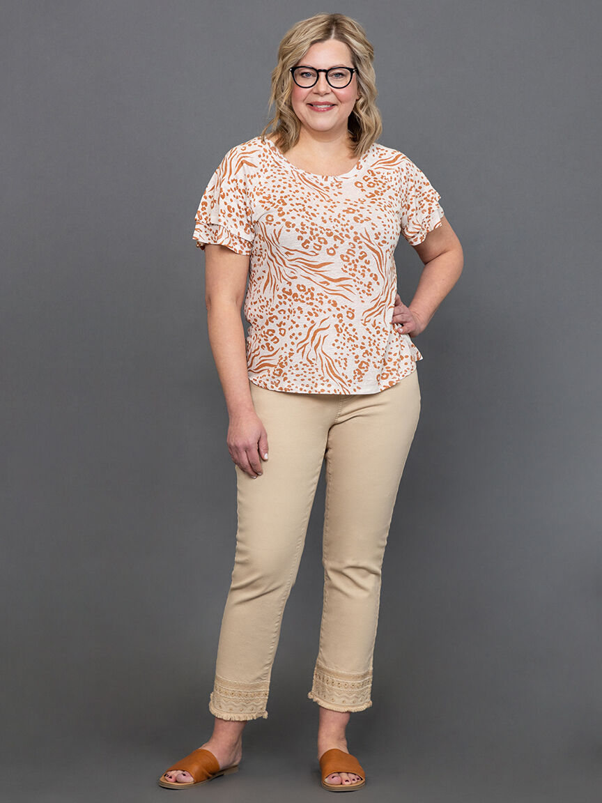 Linen-Blend Ruffle-Sleeve Crew Neck Top , Navy