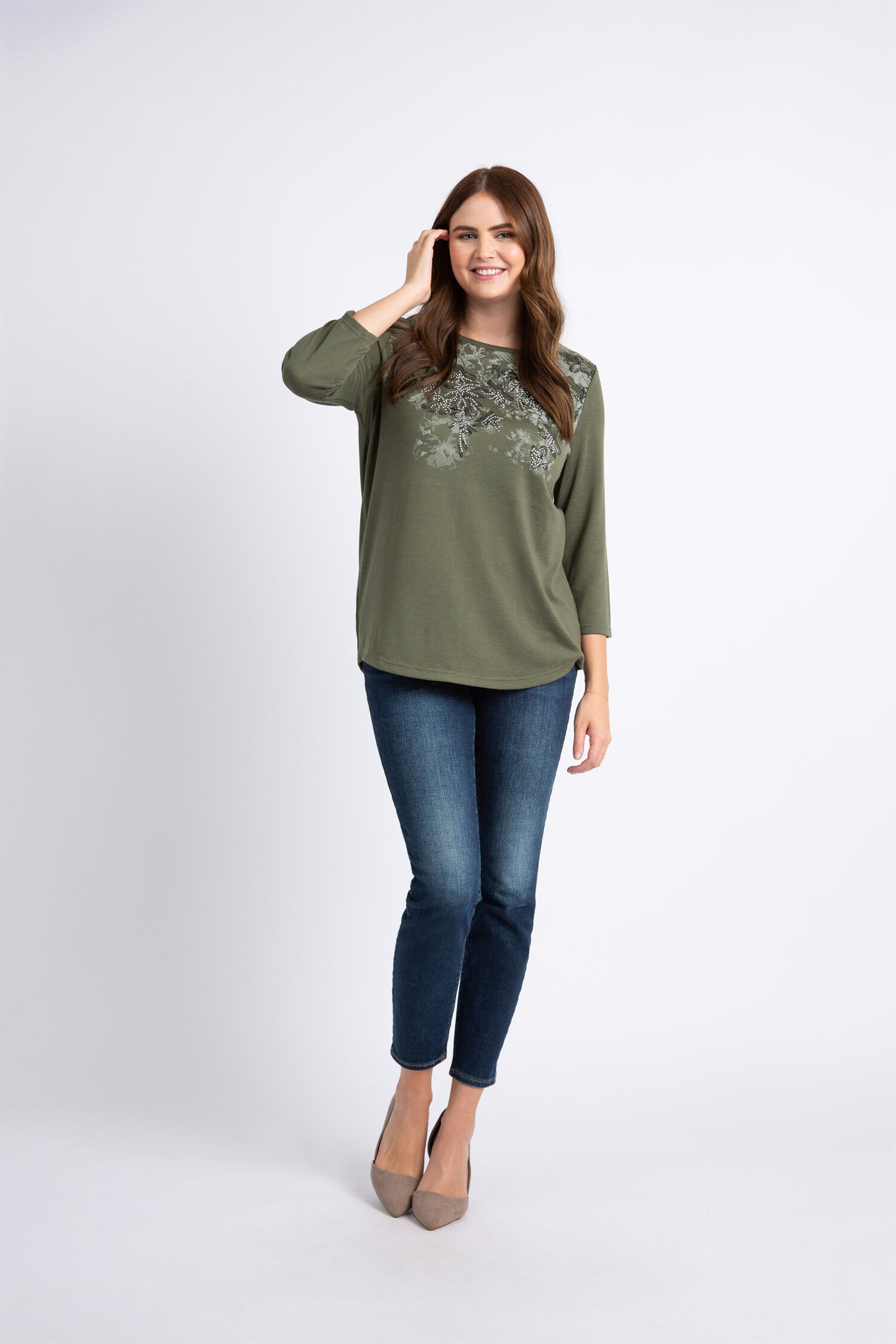 &frac34; Sleeve Floral Hotfix Top Image 1