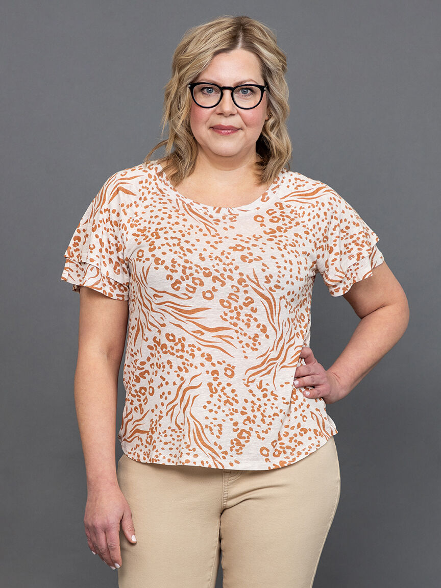 Linen-Blend Ruffle-Sleeve Crew Neck Top  Image 2