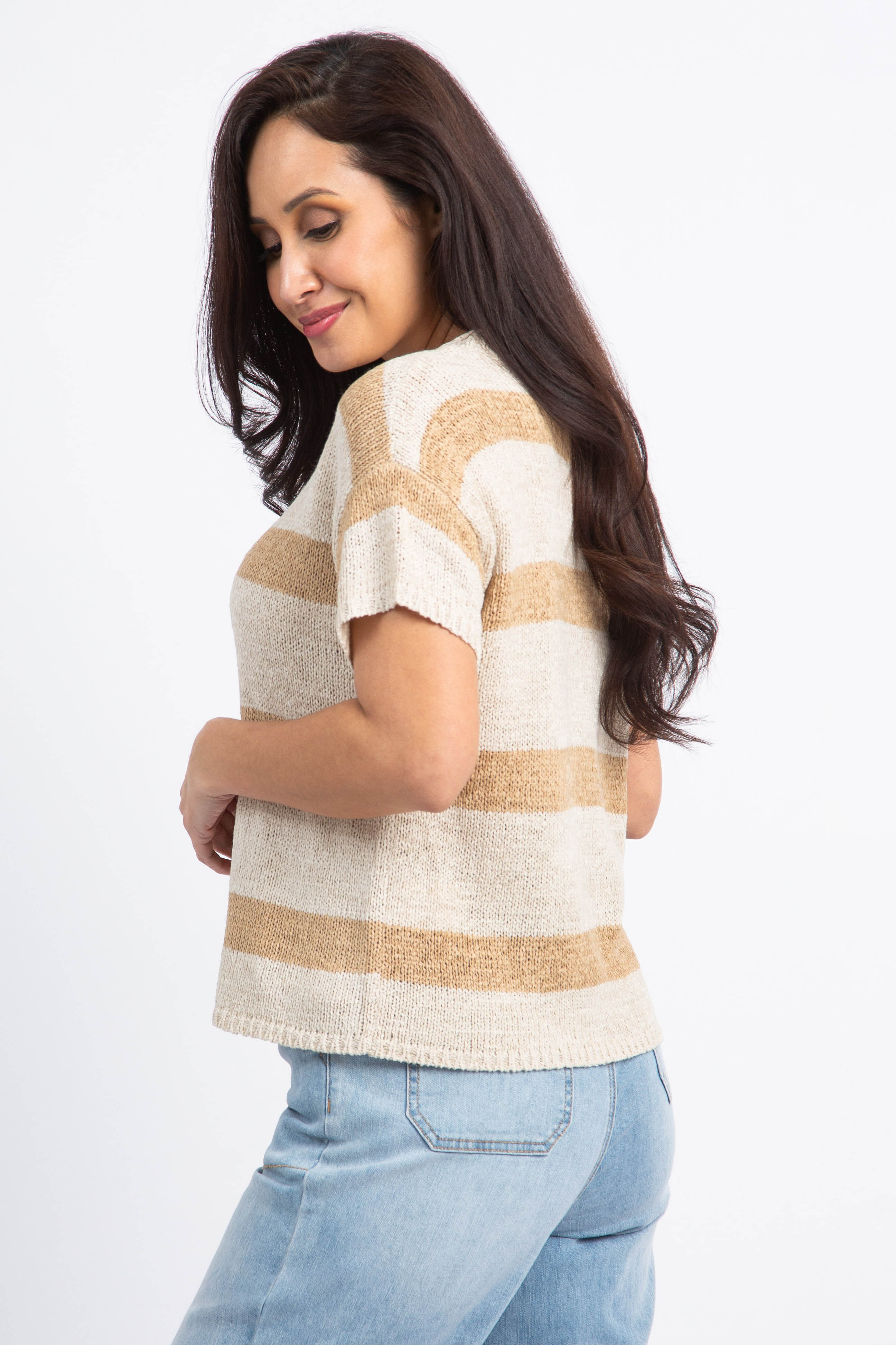 Striped Short Sleeve Knit Sweater Image 3