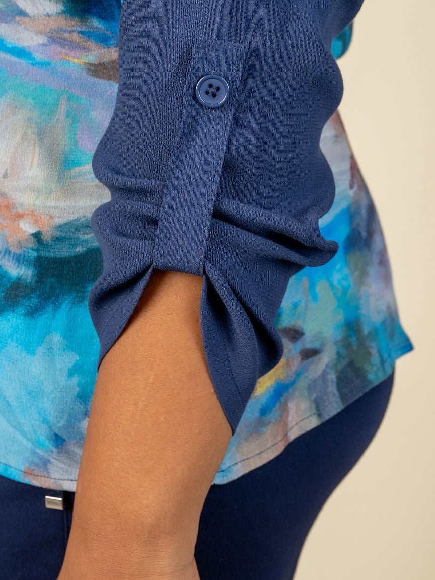 Sheer Hooded Top With 3/4 Sleeve Roll Up Tabs