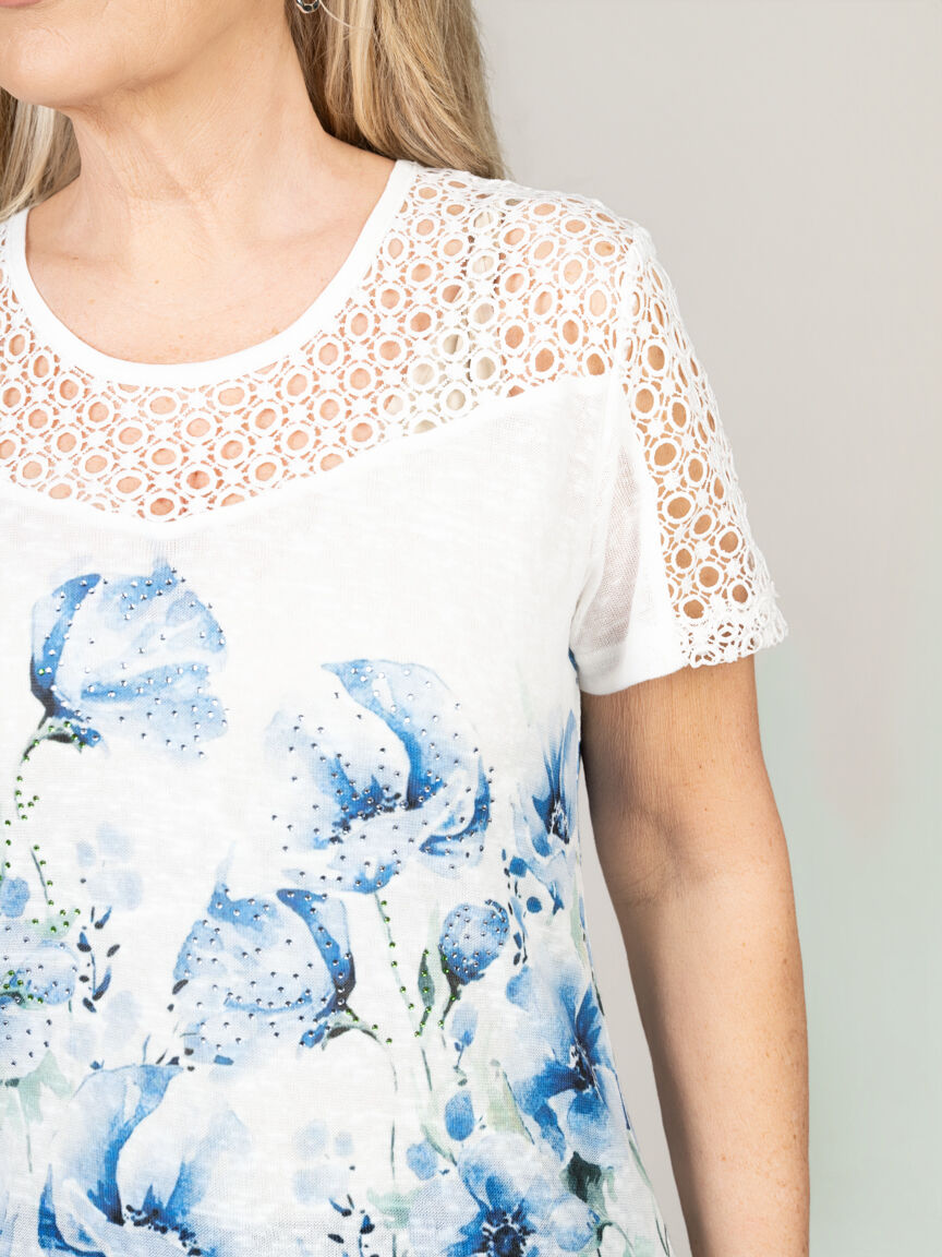 Short Sleeve Top With Crochet Yoke And Hotfix