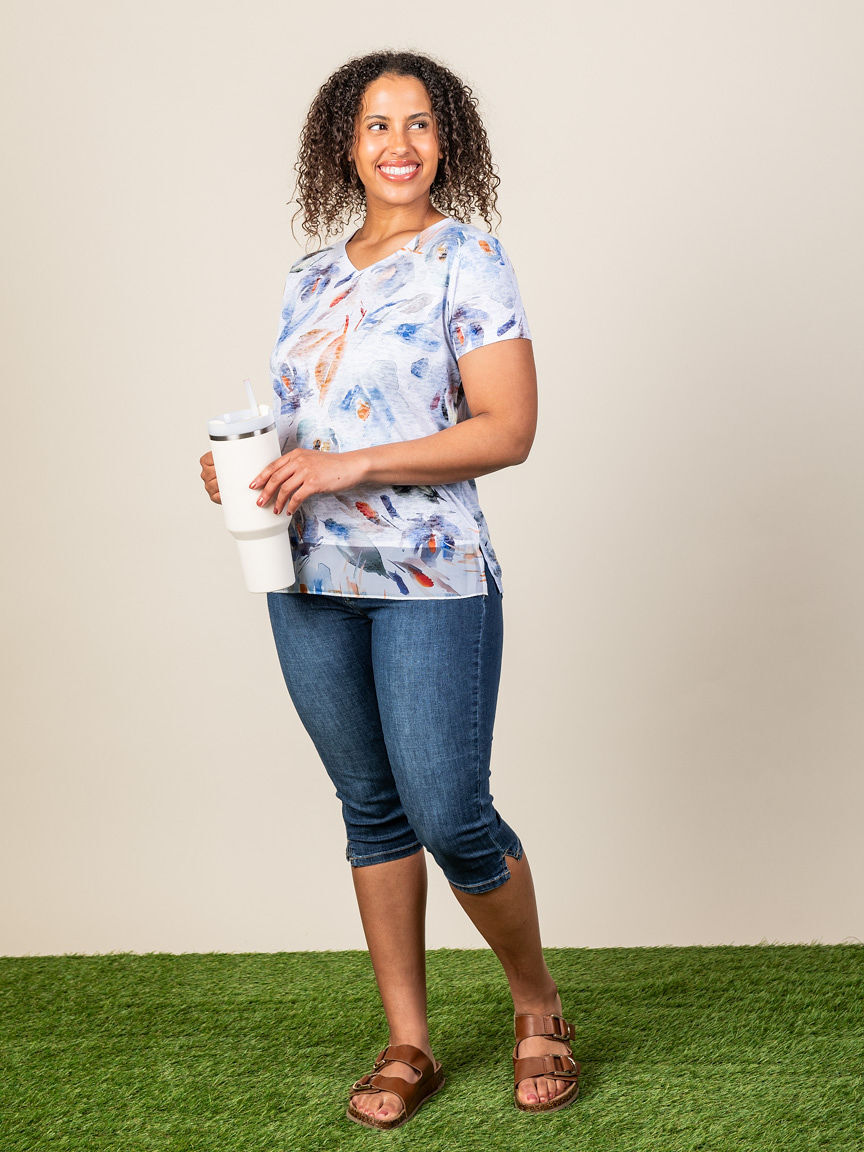 Short Sleeve Burnout Top with V Neck Image 3