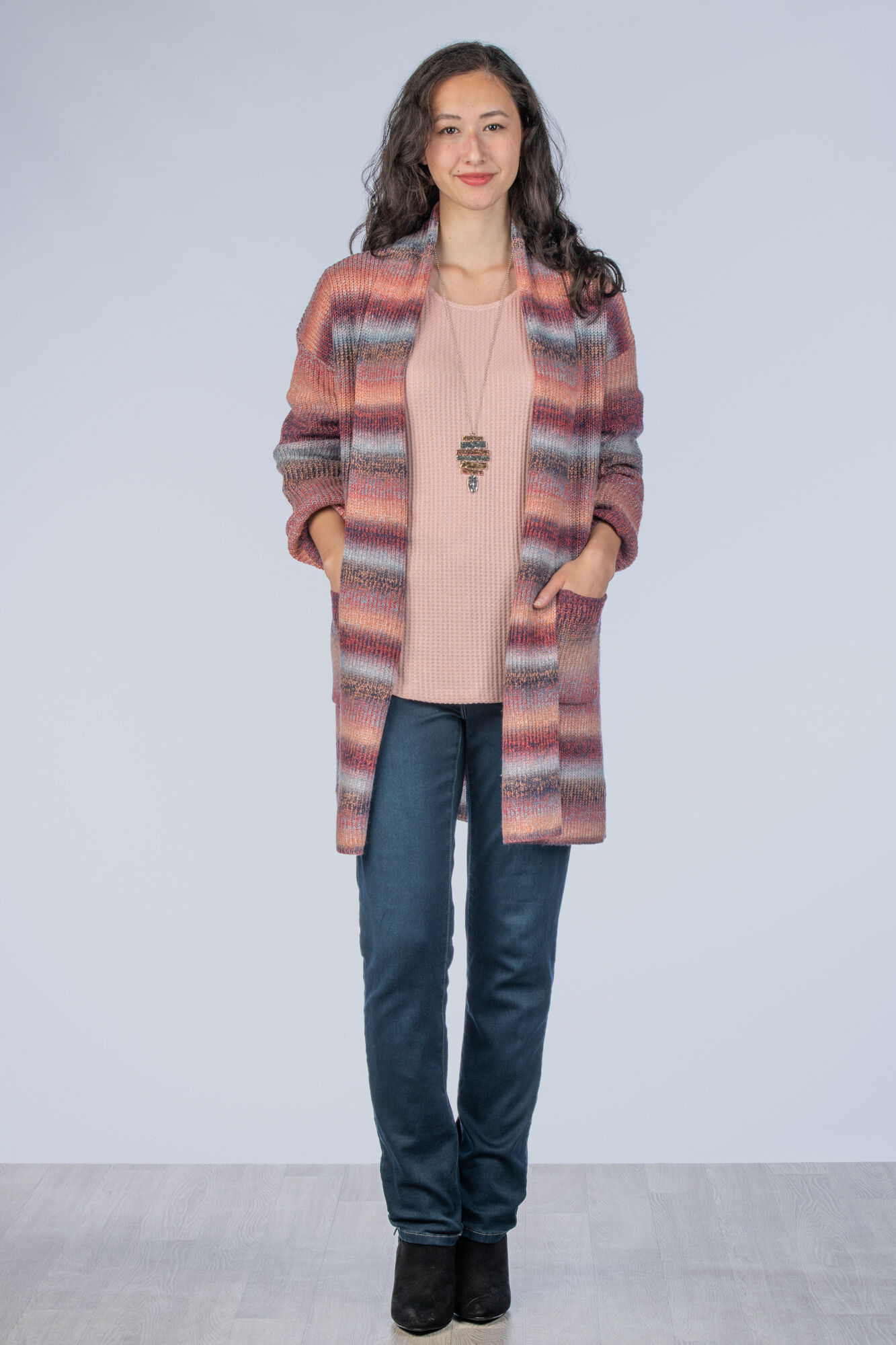 Multi-Colored Rainbow Stripes Two Pockets Open-Drape Cardigan Image 3