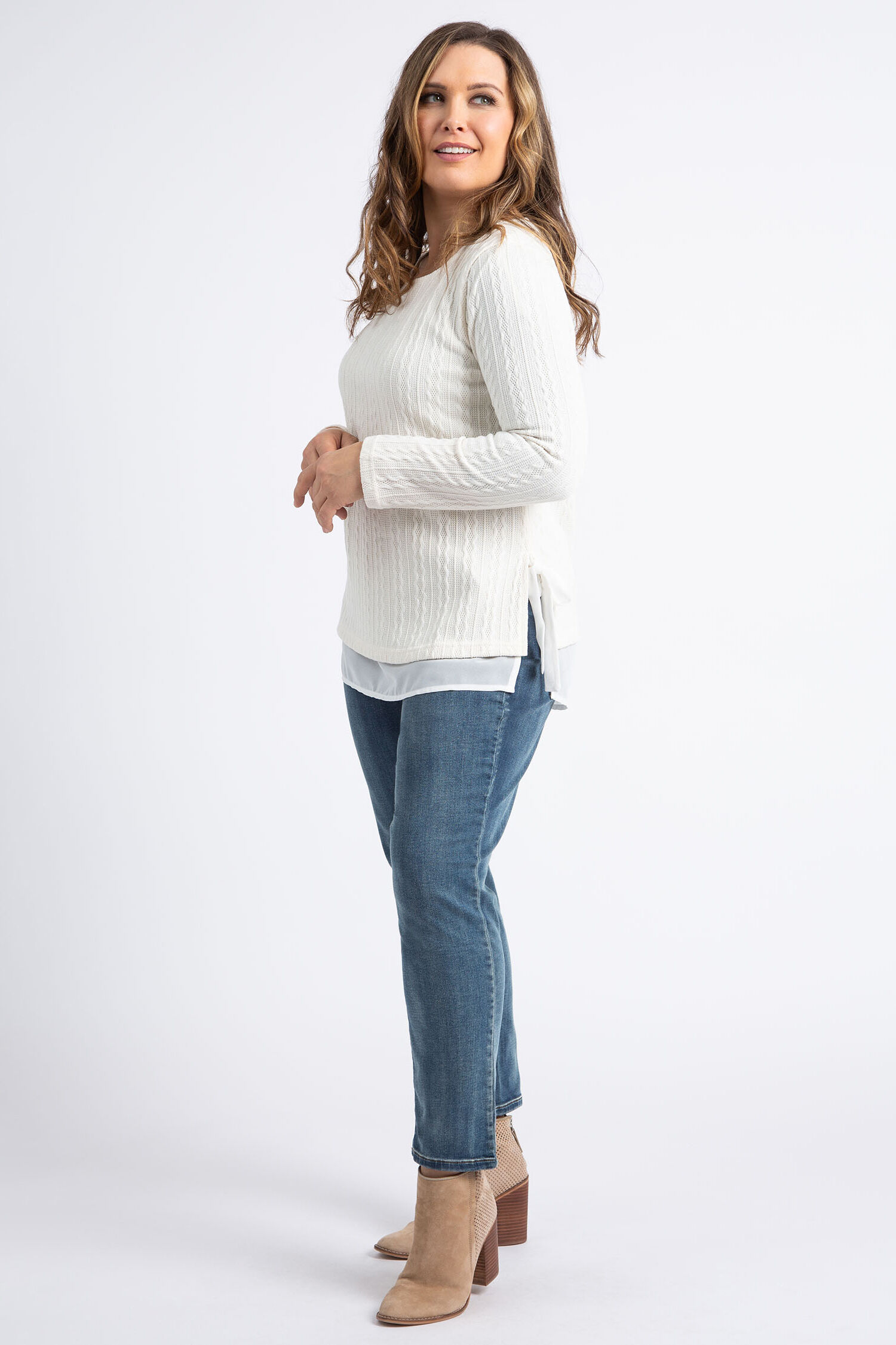 Cable Knit Sweater w/ Chiffon Underlay Image 2