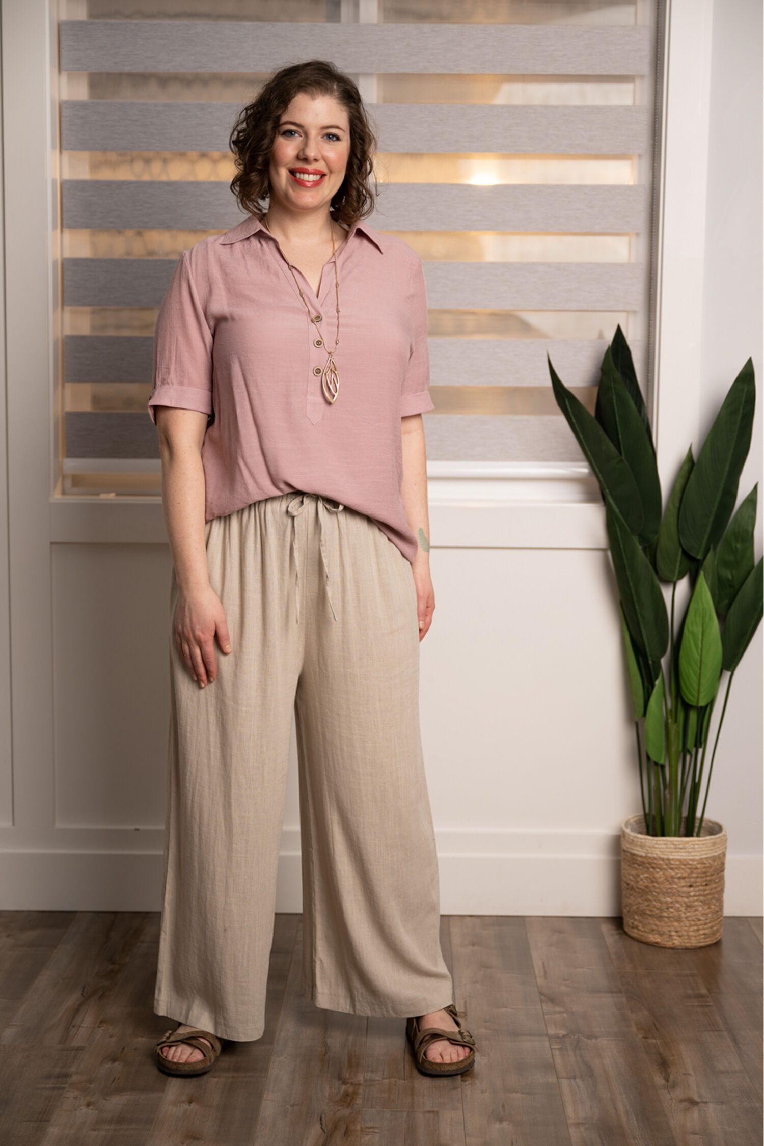 Short Sleeve Button Front Slub Top Image 1