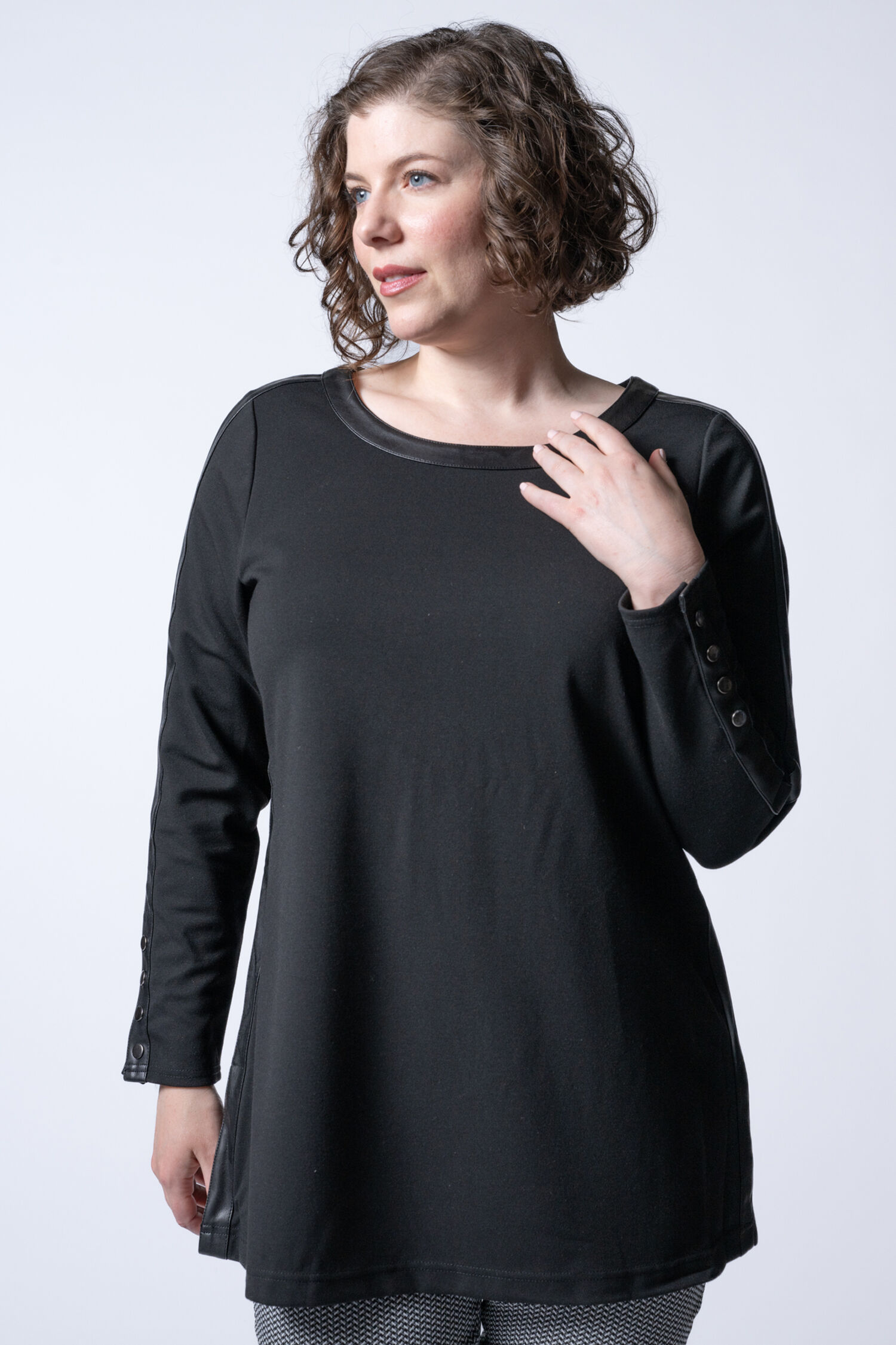 Long Sleeve Pleather Trim Top  Image 1