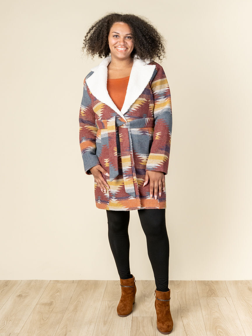Long Robe Coat With Sherpa Trim