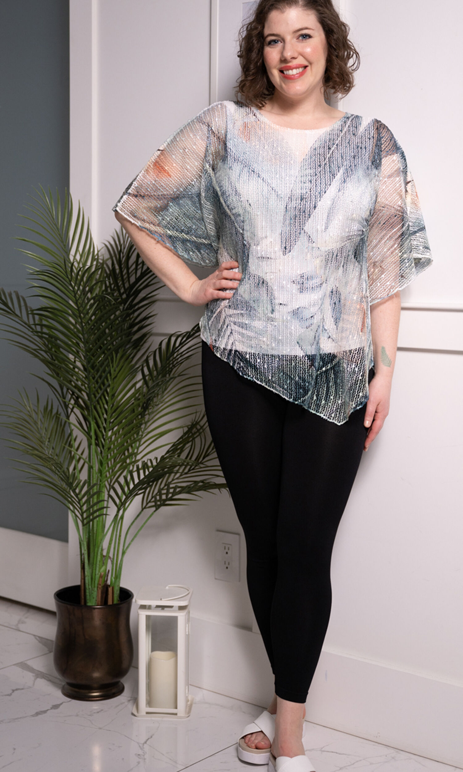 Palm Print Mesh Poncho Top Image 3