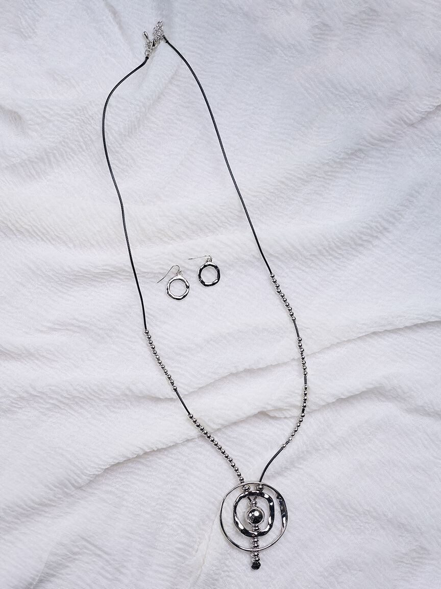 Necklace set with sleek black cord, silver bead accents Image 1
