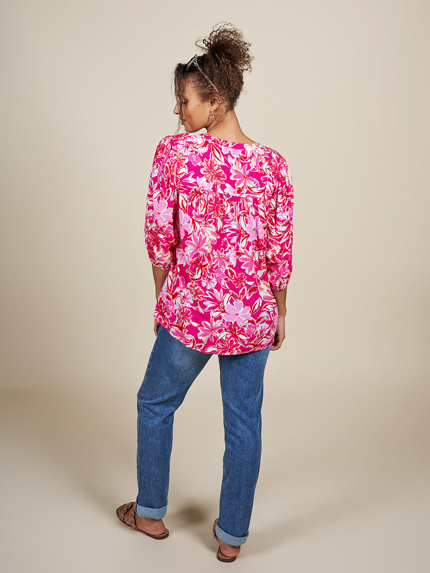 3/4 Sleeve Button Up Blouse with Tie Neck  Image 5