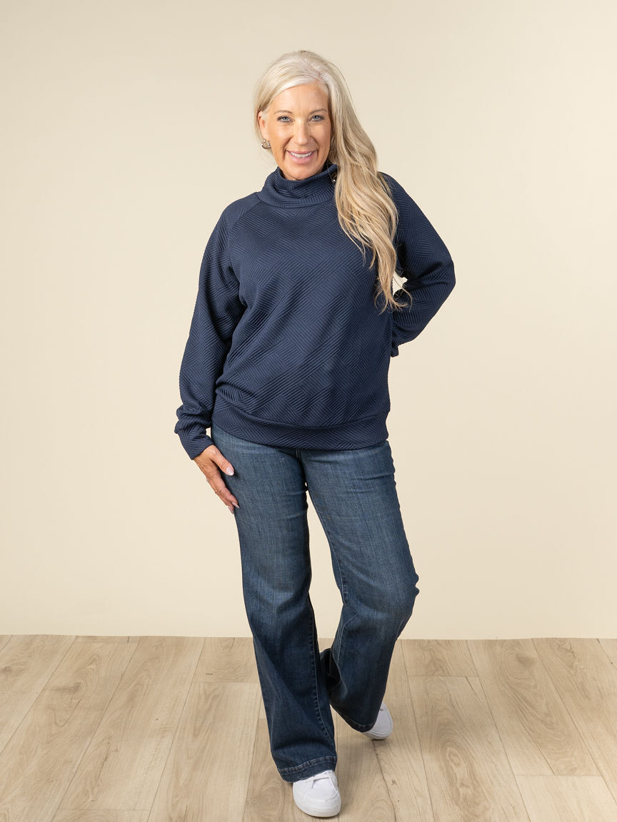 Chevron Knit Long Sleeve Top With Cowl Neck And Buttons