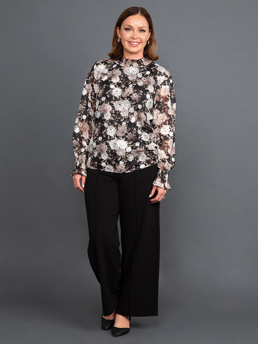 Long Sleeve Mock Neck Satin Burnout Blouse