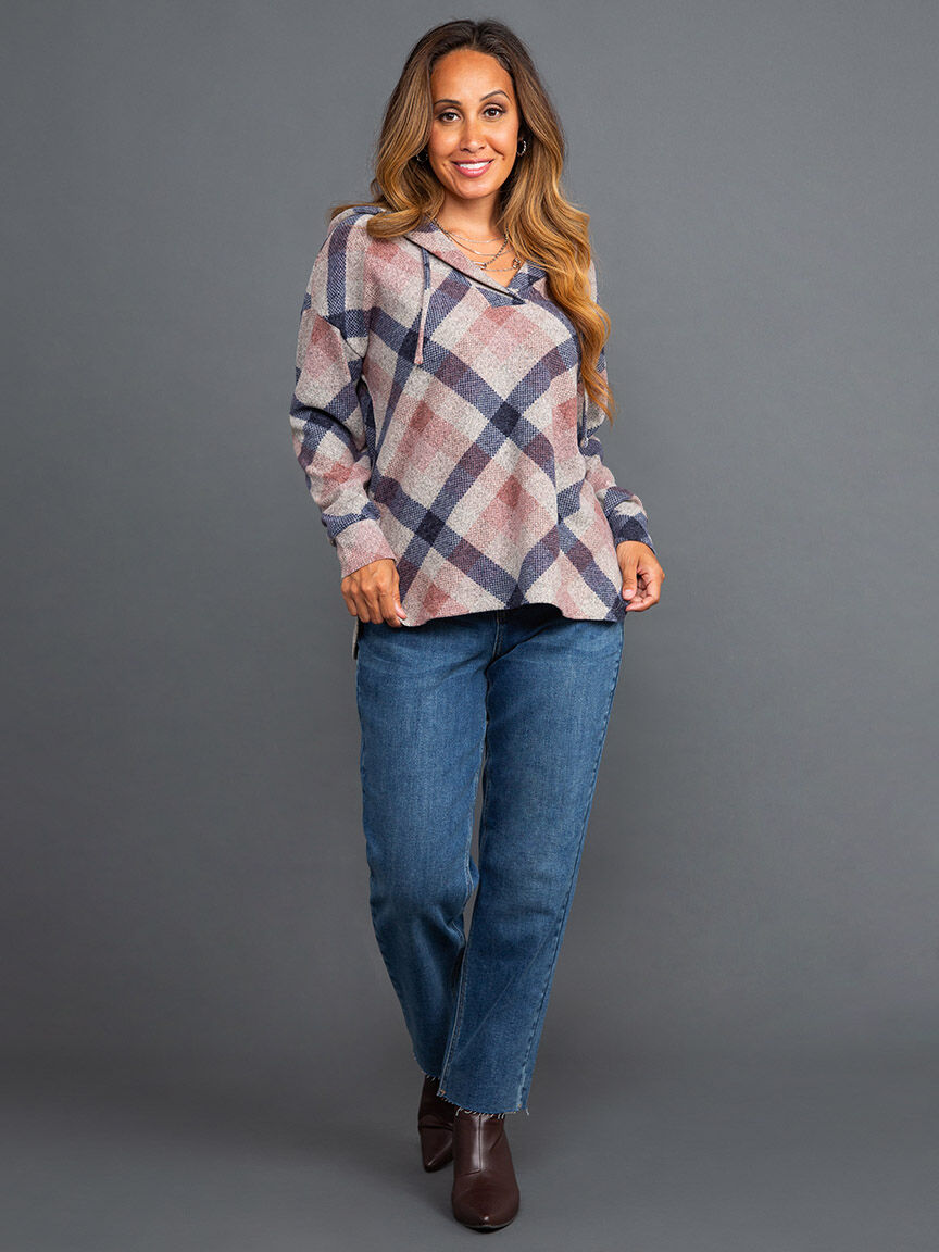 Brushed Plaid Hooded Long Sleeve Top, Multi