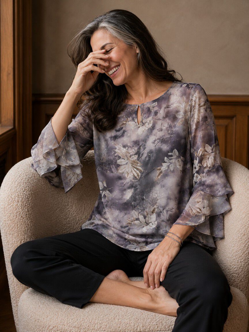 3/4 Sleeve Sheer Overlay Blouse