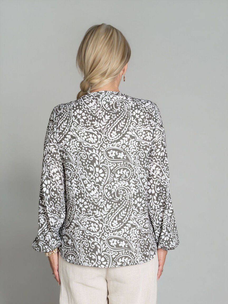 Long Sleeve Paisley Tie-Neck Blouse