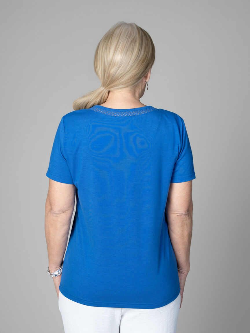 Short Sleeve V-Neck Top With Crochet Detail