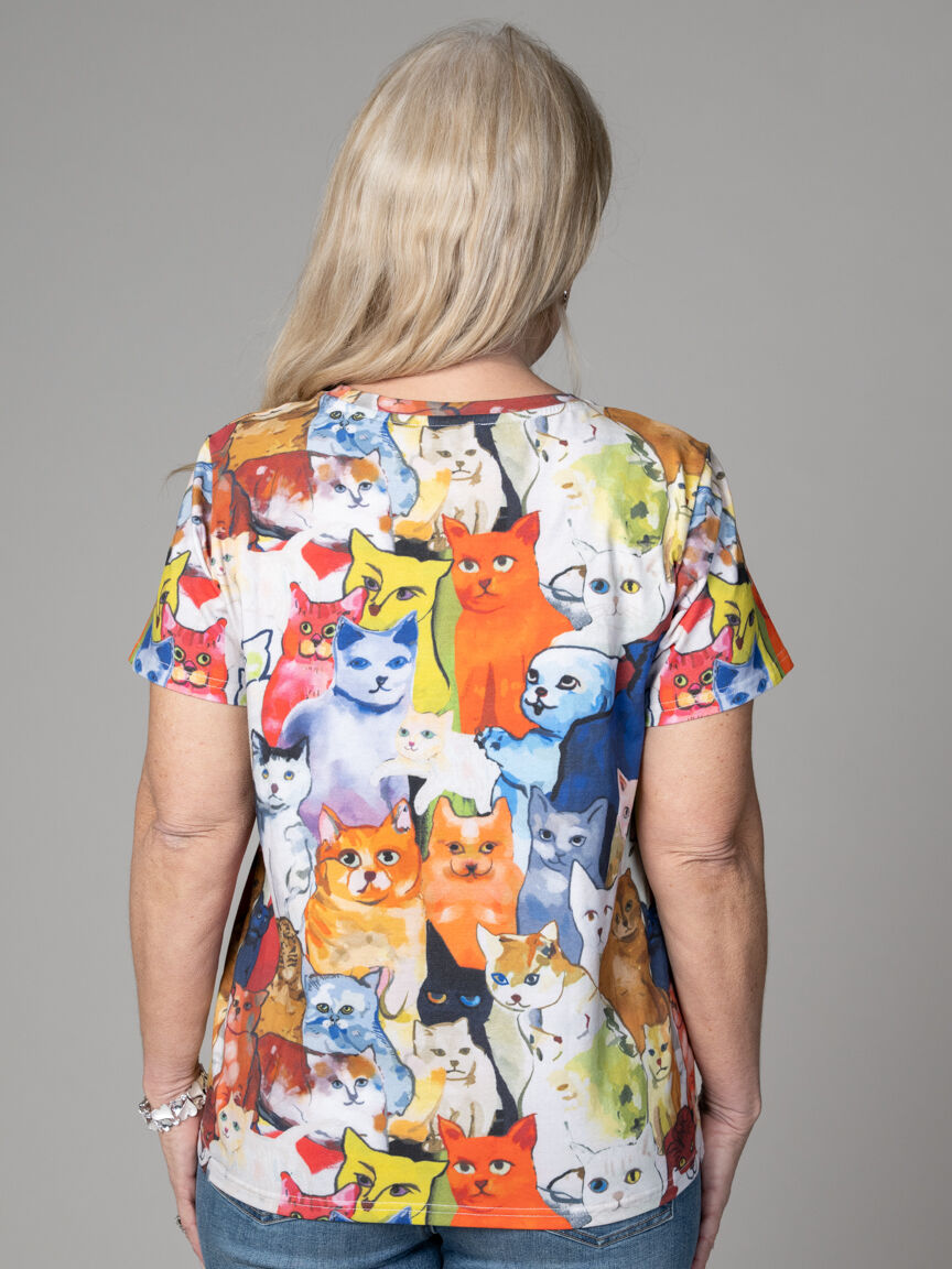 Short Sleeve Cat Print Shirt