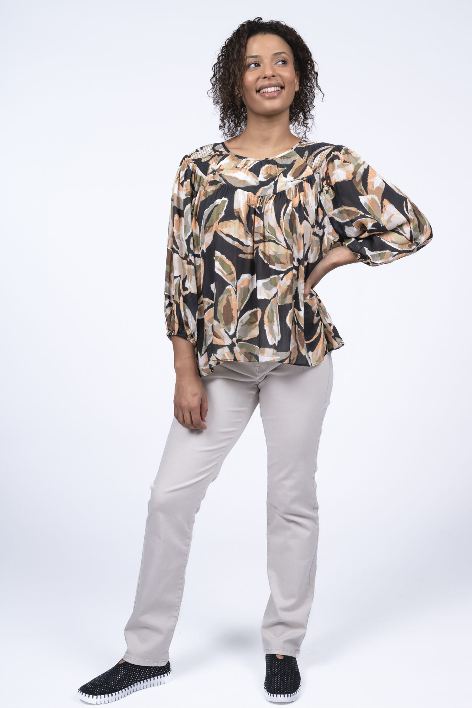 &frac34; Sleeve Smocked Shoulder Blouse Image 4