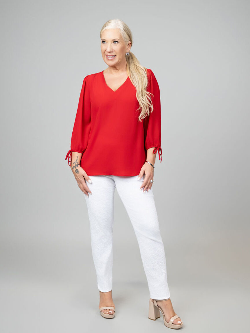 Flowy 3/4 Sleeve V-Neck Top with Cuff Ties