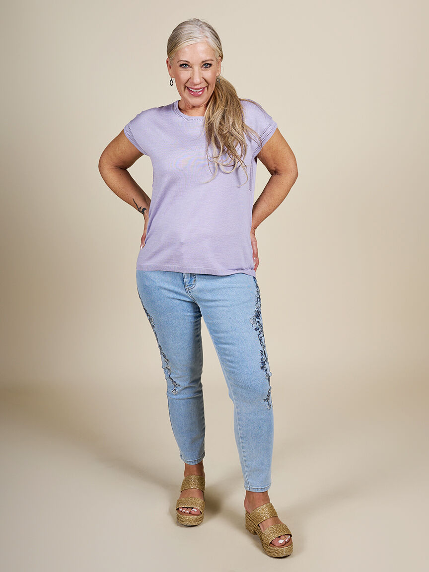 Short Sleeve Sweater with Crochet Detail  Image 1