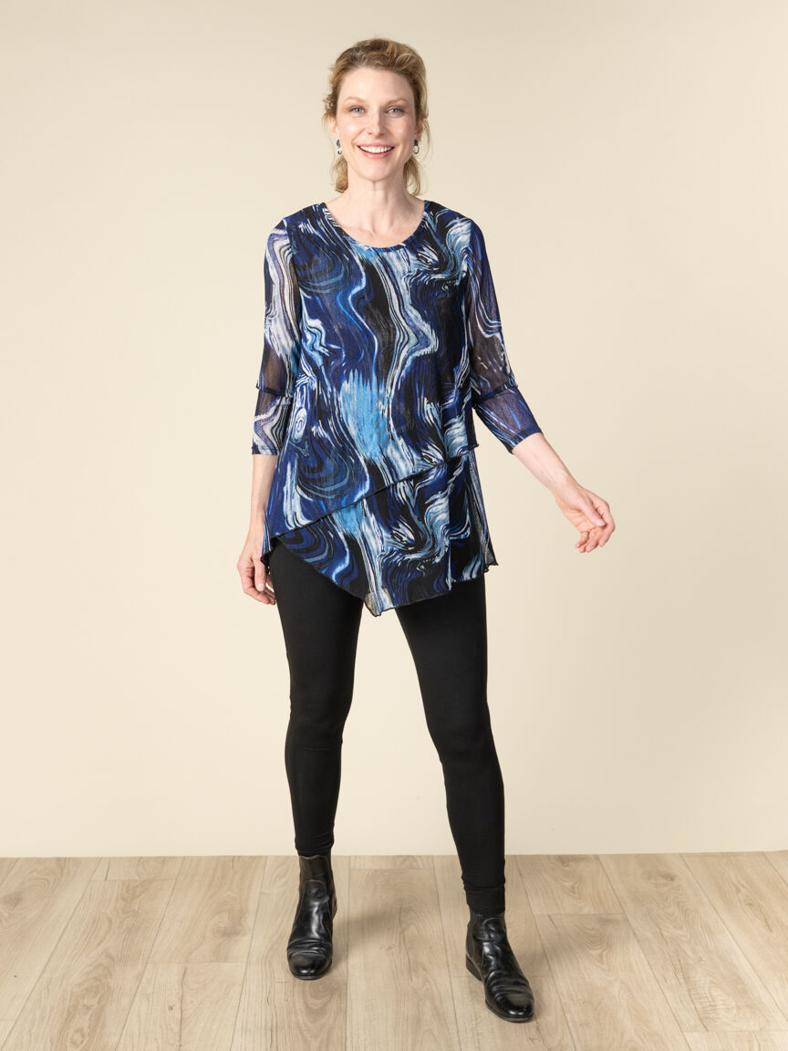 3/4 Sleeve Asymmetrical Hem Printed Mesh Top