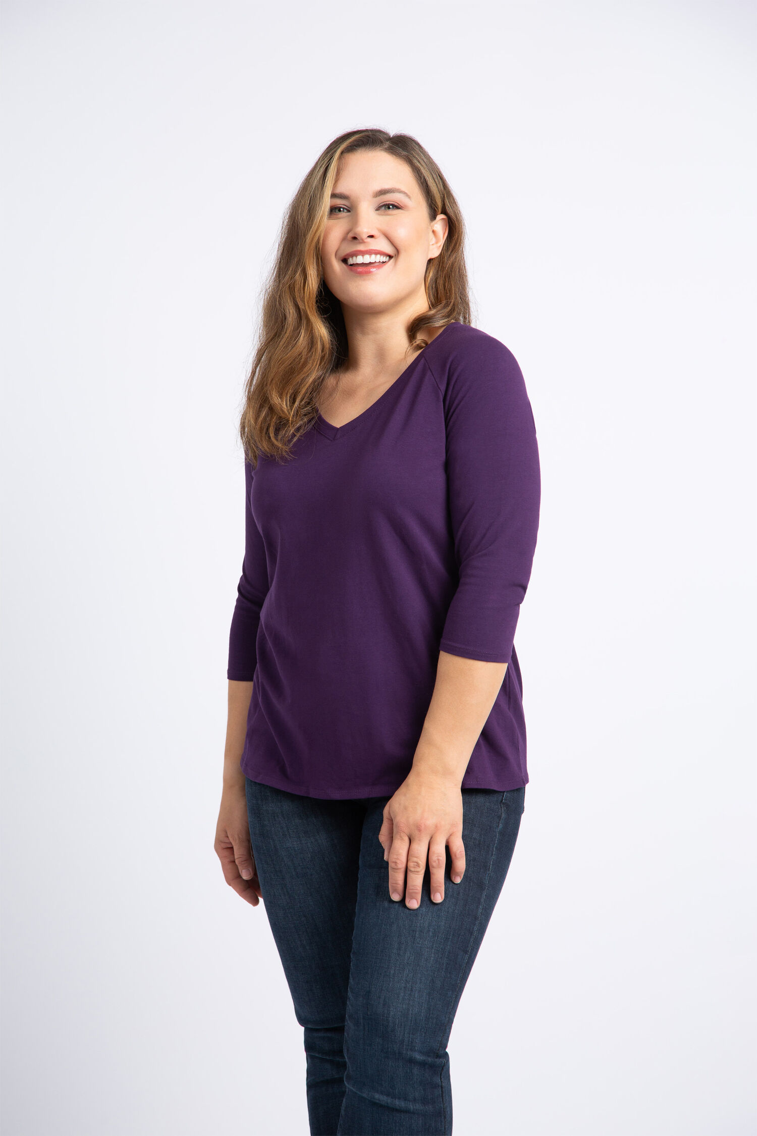 &frac34; Sleeve Cotton V-Neck  Image 3