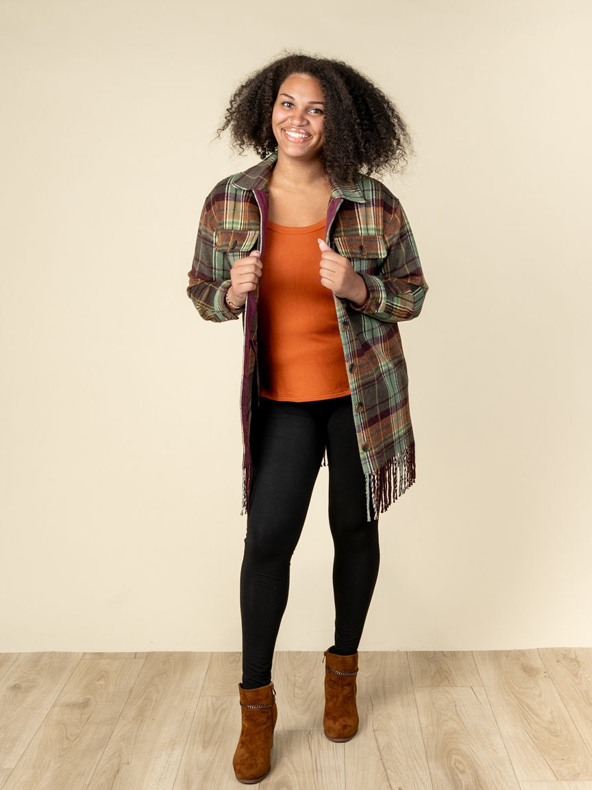 Brushed Plaid Button-Front Shacket