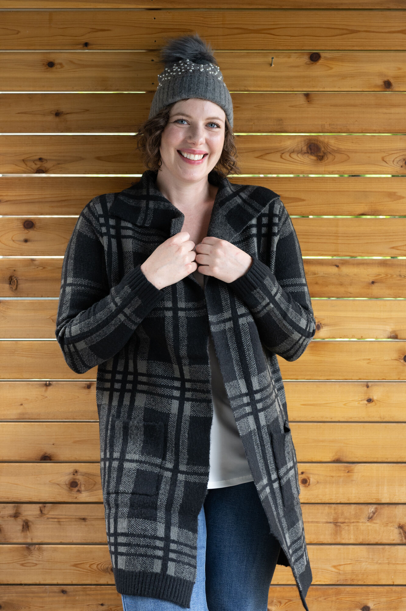 Plaid Jacquard Grey-Black Pocket Cardigan Image 1