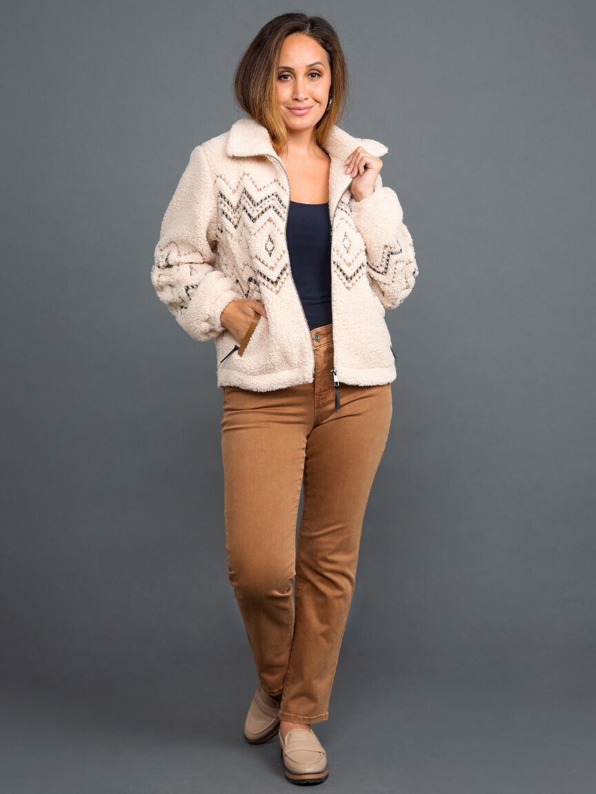 Lined Boucle Sherpa Jacket With Embroidery Image 1