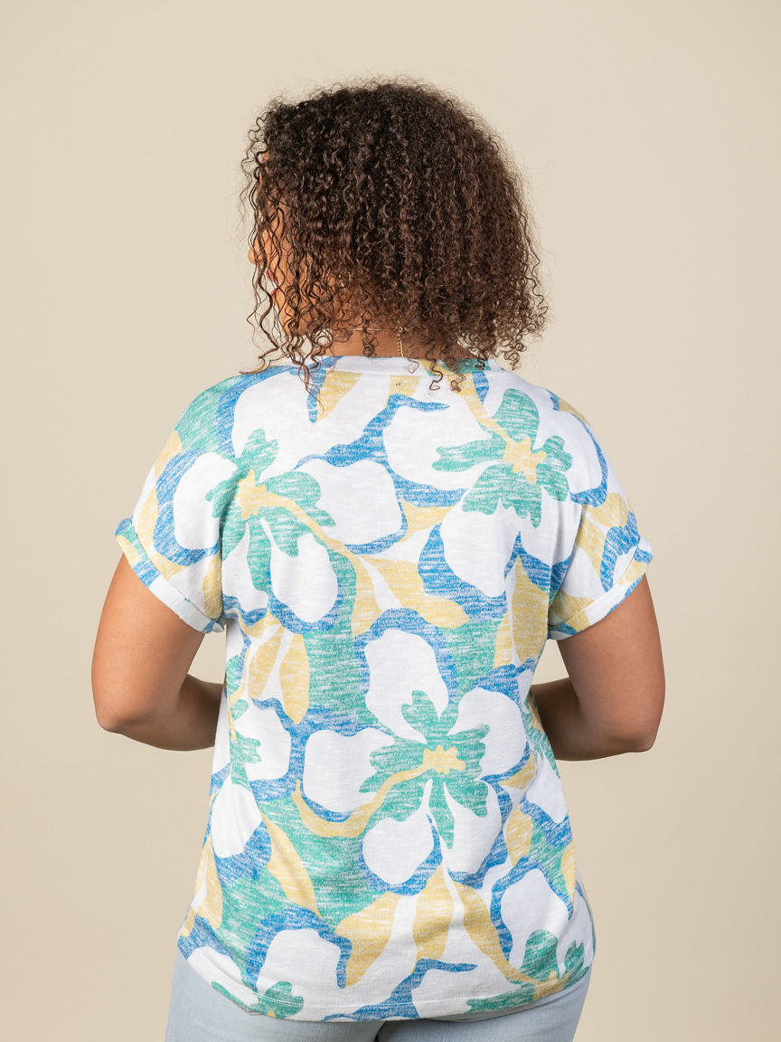 Printed Hatchi Cap-Sleeve V-Neck Top With Ladder Tape Detail Image 2