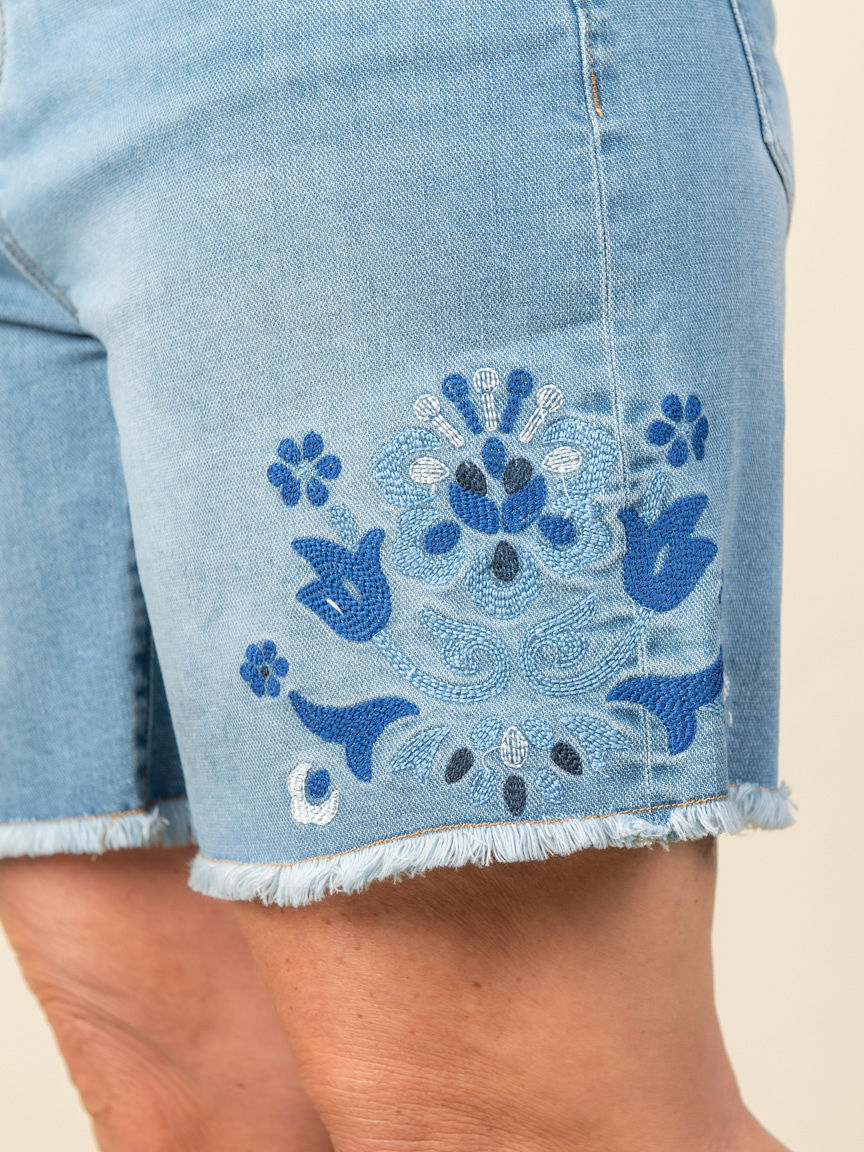 Audrey Mid Rise Embroidered Jean Shorts Image 5