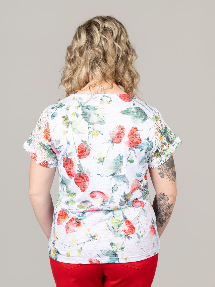 Strawberry Print Lace Sleeve V-Neck Top