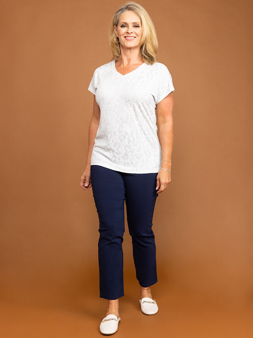 Short Sleeve V-Neck Floral Metallic Top