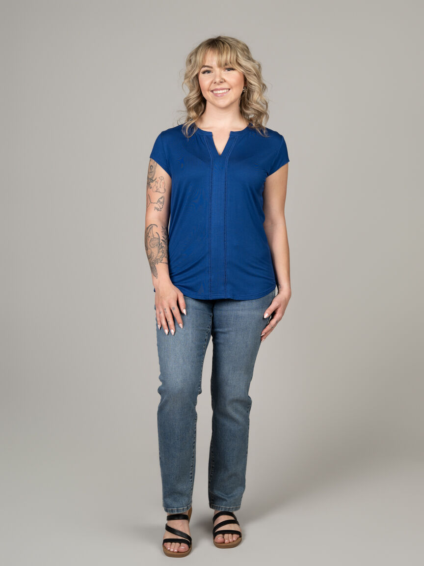 Short Sleeve Henley Neck Top With Ladder Stitching Image 1