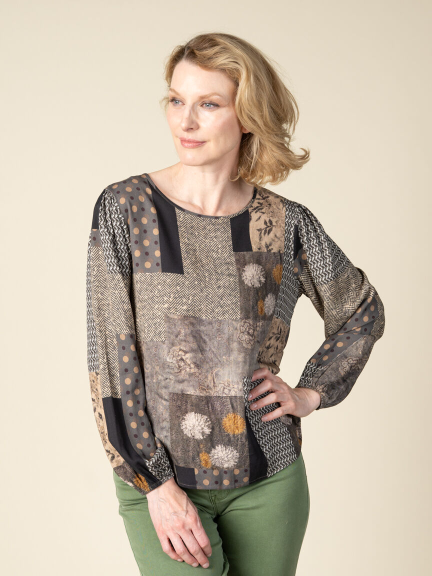 Long Sleeve Button Back Patchwork Top