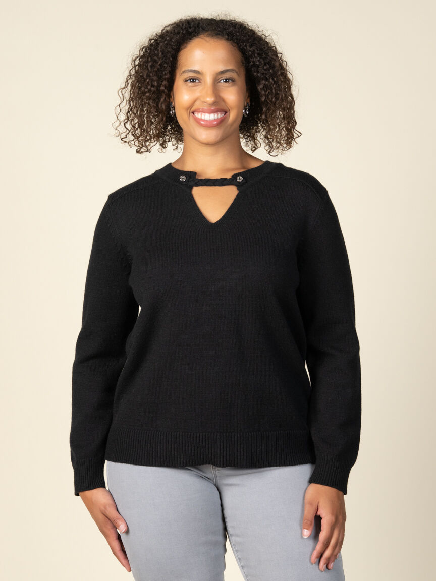 Long Sleeve V-Neck Braided Keyhole Sweater