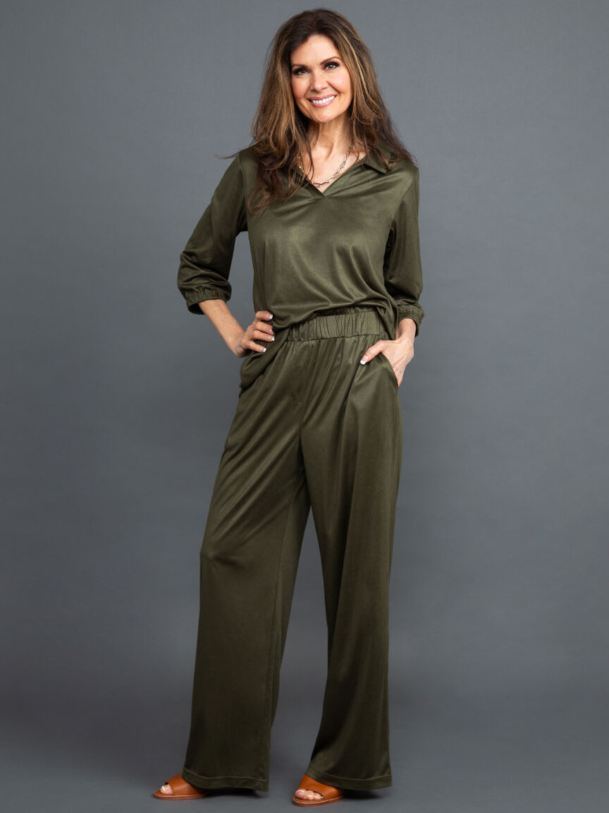 Pull-On Wide Leg Suede Pants Image 1