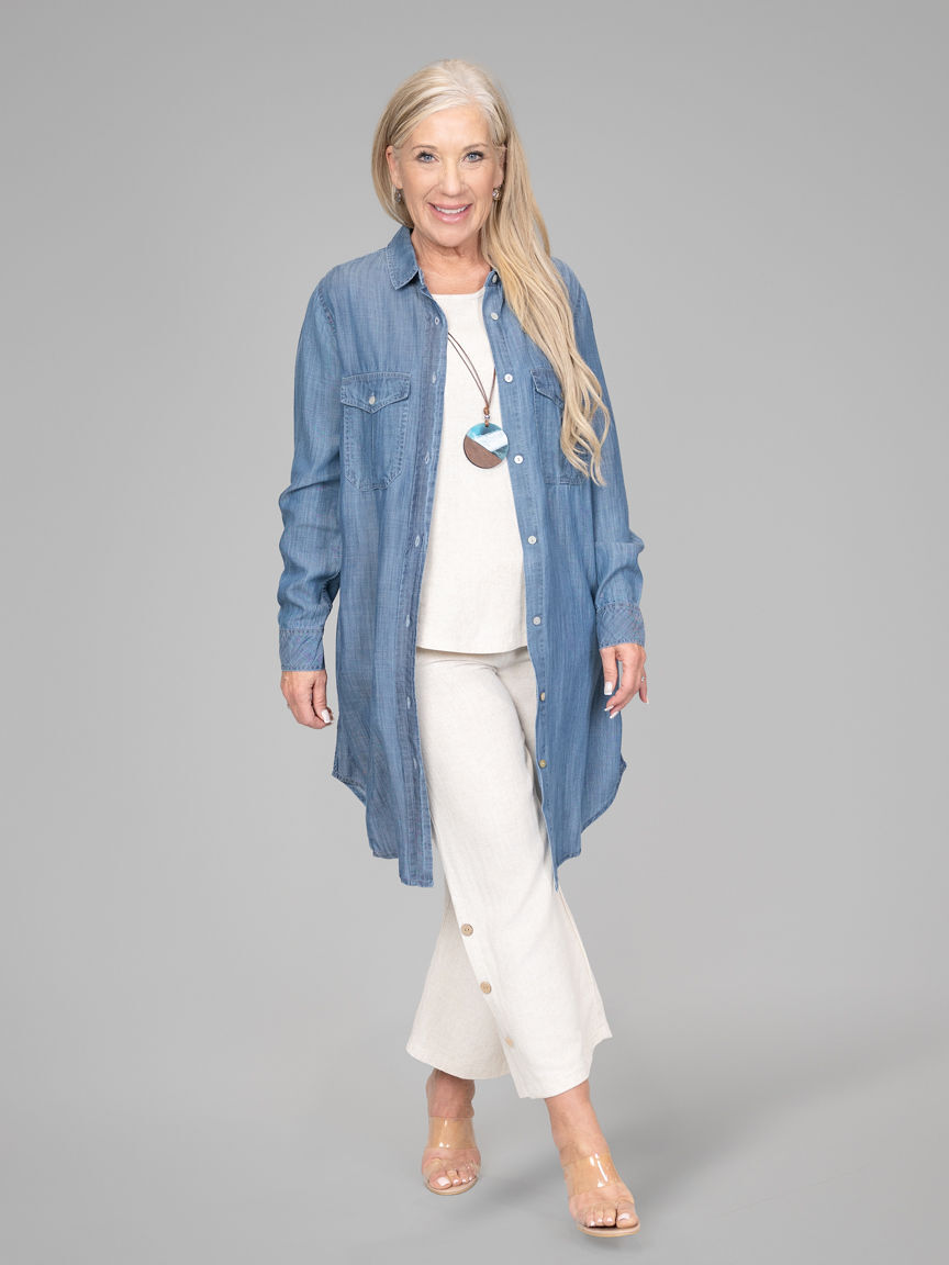 Long Sleeve Denim Tunic With Embroidered Back