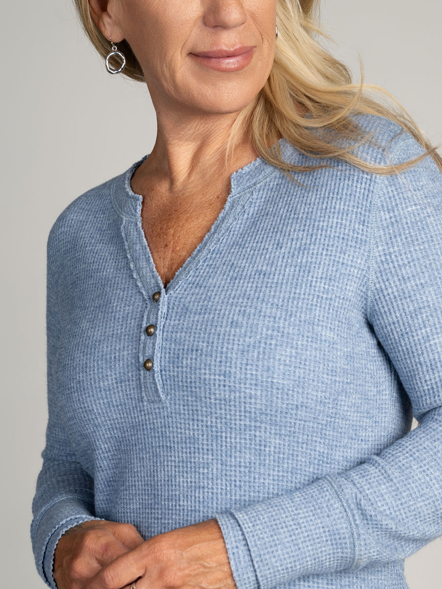 Long Sleeve Waffle Knit Henley Top Image 2