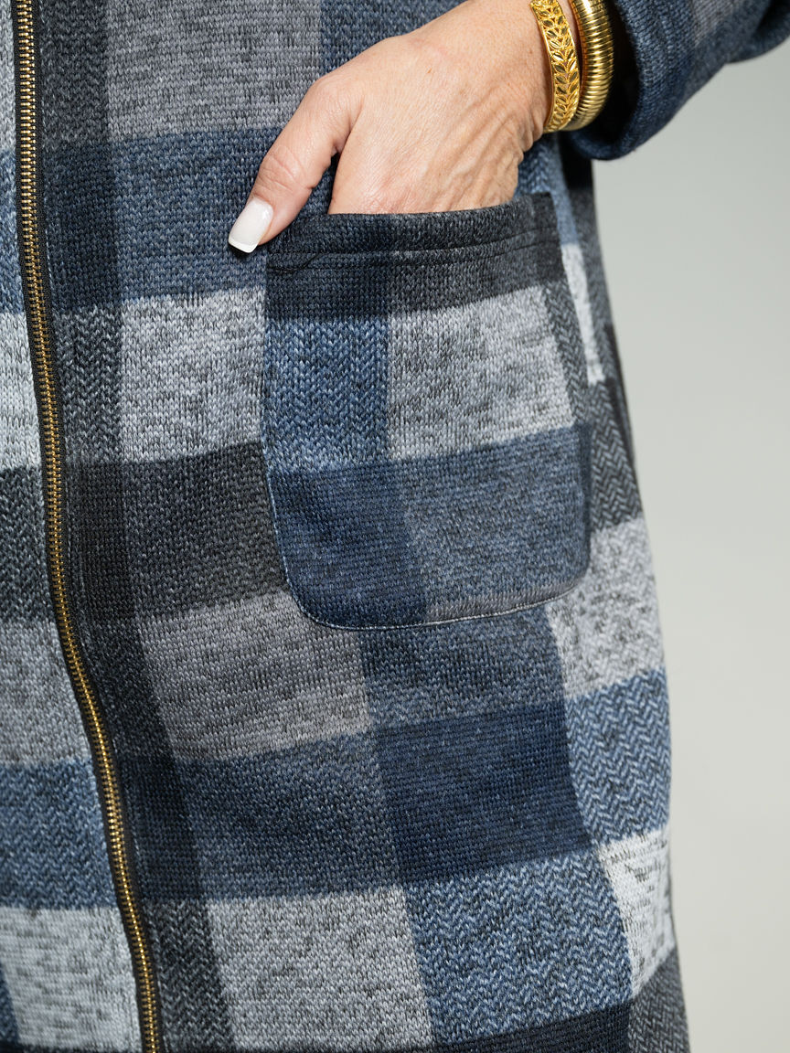 Long Plaid Zipper Cardigan With Hood And Pockets