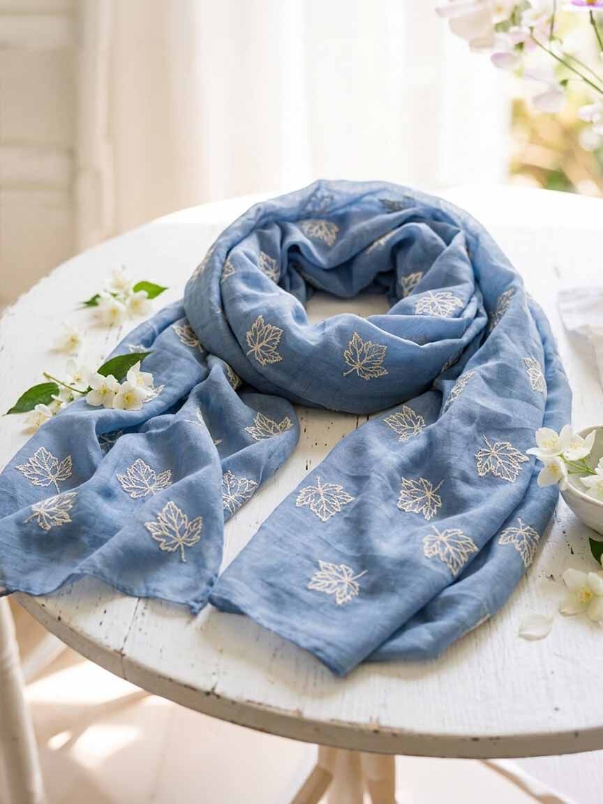 Lightweight Embroidered Leaf Scarf