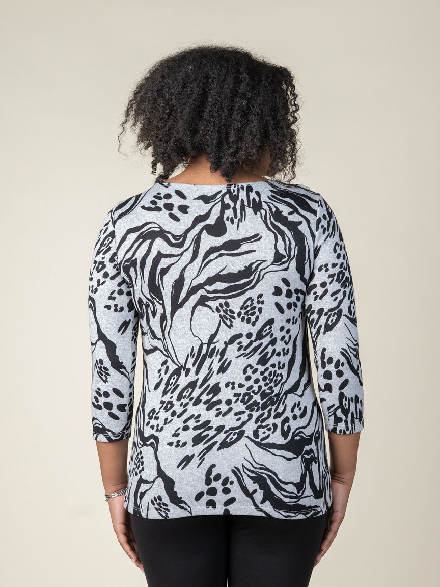 3/4 Sleeve Top With Leather Placket On Neckline