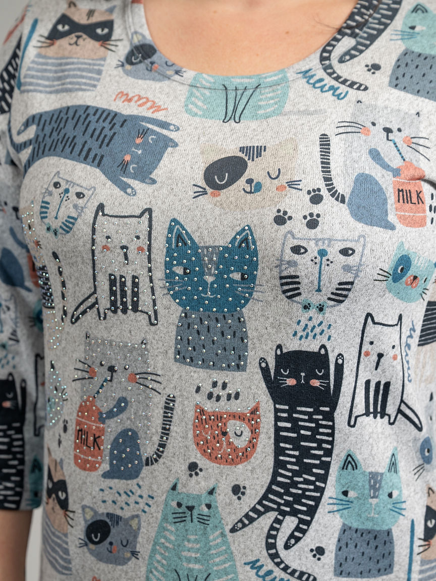 3/4 Sleeve Cat Print Top With Hotfix