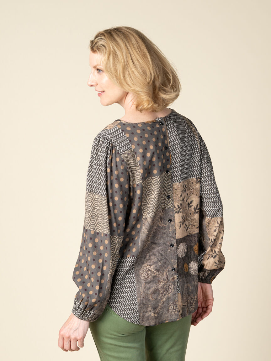 Long Sleeve Button Back Patchwork Top