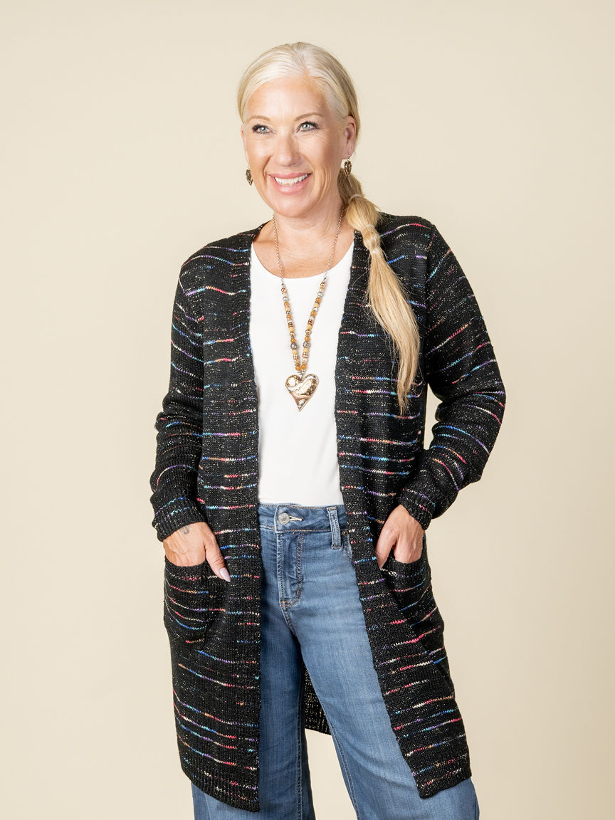 Long Knitted Open Front Lurex Cardigan