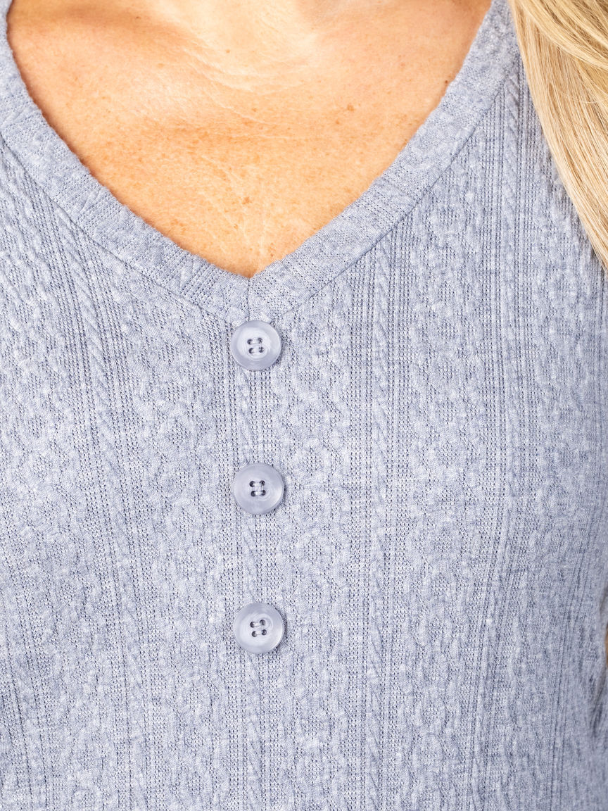 3/4 Sleeve Cable Knit V-Neck Top With Buttons