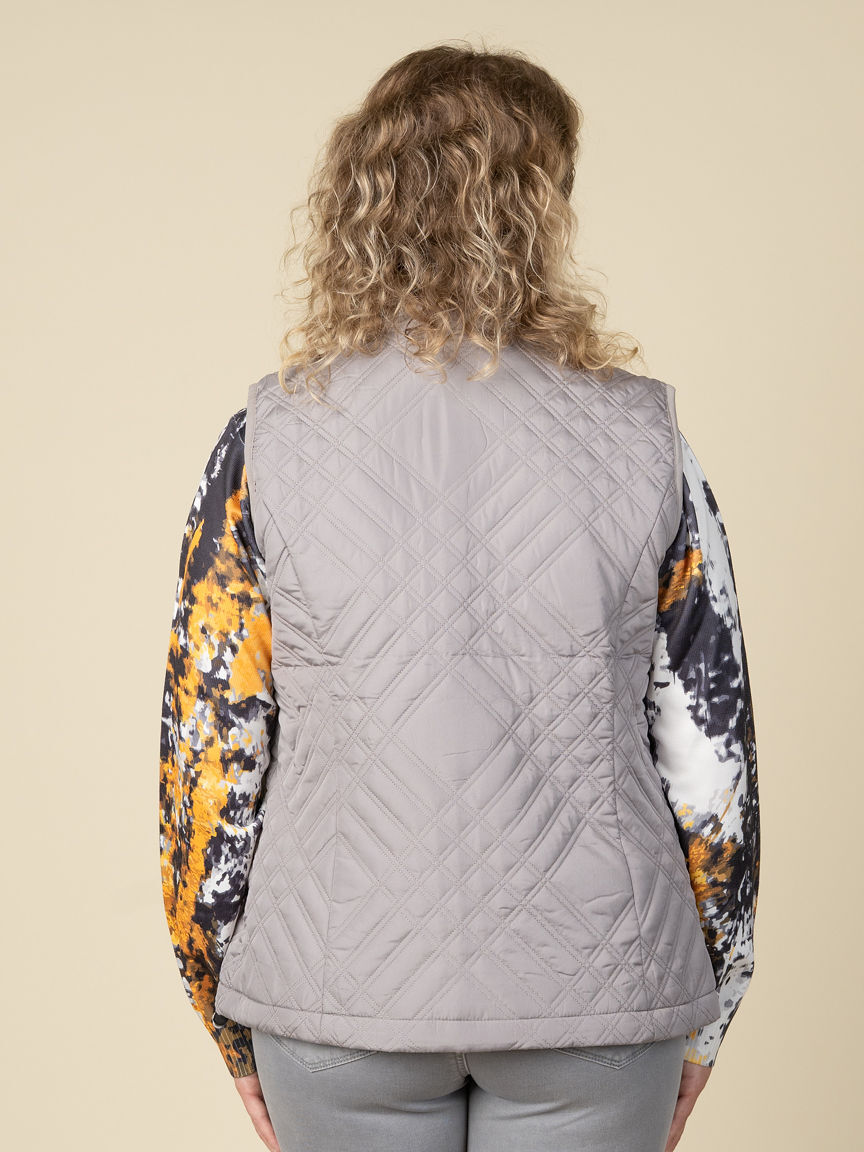 Diamond Printed Zip-Up Vest With Pockets