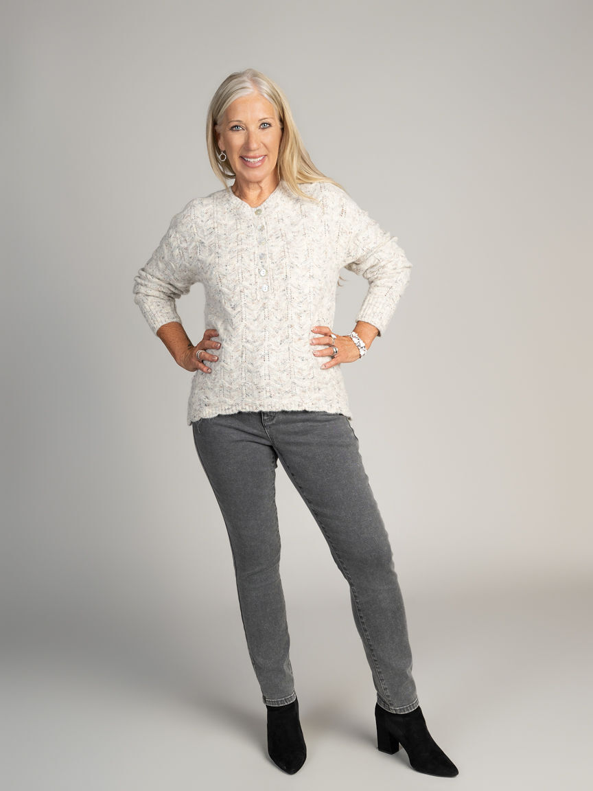 Henley Knit Sweater With Scalloped Hem